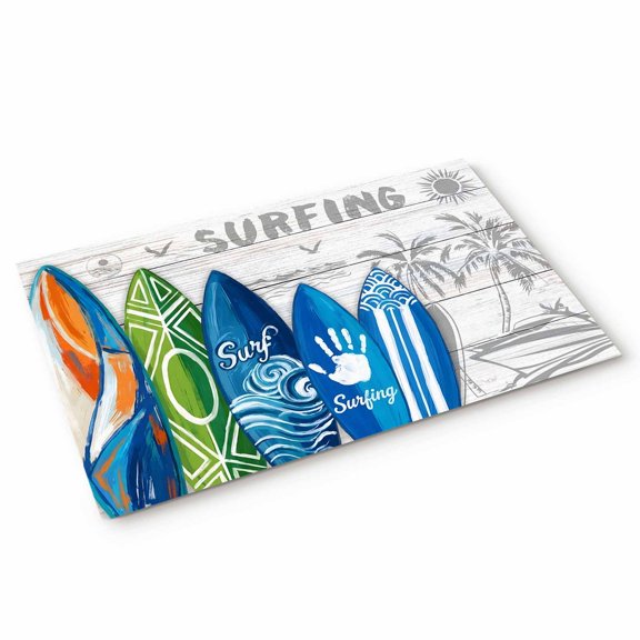 Summer Surfing Door Mat Surfboard Beach Palm Trees Wood Grain Non Slip Absorbent Entrance Mat Washable Low Profile Indoor Doormat for Front Door Entryway Entry 16"x24"