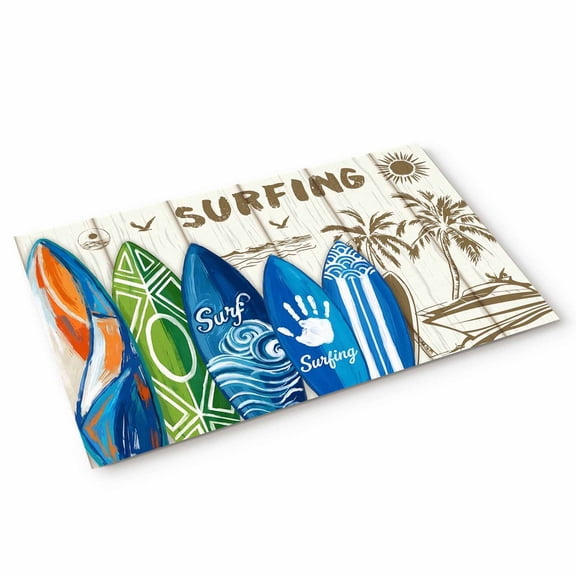 Summer Surfing Door Mat Surfboard Beach Palm Trees Wood Grain Retro Non Slip Absorbent Entrance Mat Washable Low Profile Indoor Doormat for Front Door Entryway Entry 20"x31"