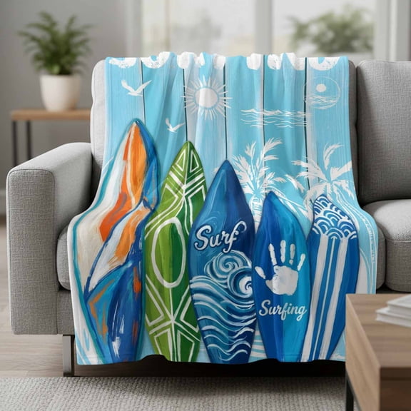 Summer Surfing Fleece Throw Blanket Surfboard Beach Palm Trees Blue Wood Grain Ultra Soft Fuzzy Cozy Flannel Throw Blanket for Couch Sofa Bed Car Travel, Ideal Gifts 50x80 Inches