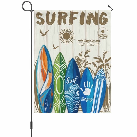 Summer Surfing Garden Flag 12 x 18 Inches, Surfboard Beach Palm Trees Wood Grain Retro Weather Proof Outdoor Patio Flags Double Sided Small Garden Decoration for Yard Outside Home