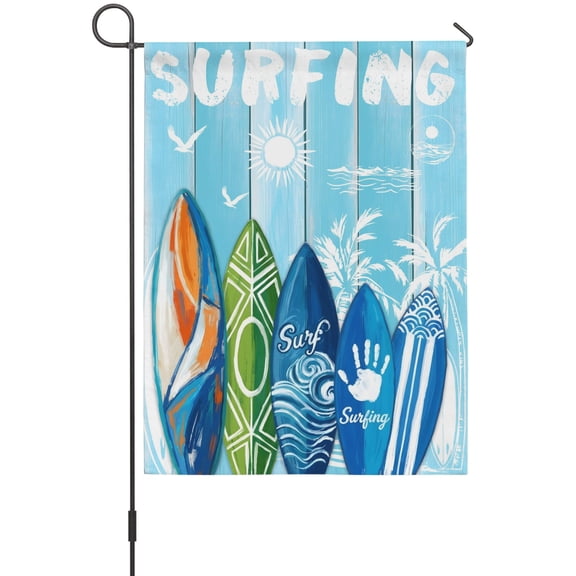 Summer Surfing Garden Flags For Outdoor, Surfboard Beach Palm Trees Blue Wood Grain Small Double Side Yard Flags Weather Proof Garden Decor for Lawn Outside Holiday 12 x 18 Inches