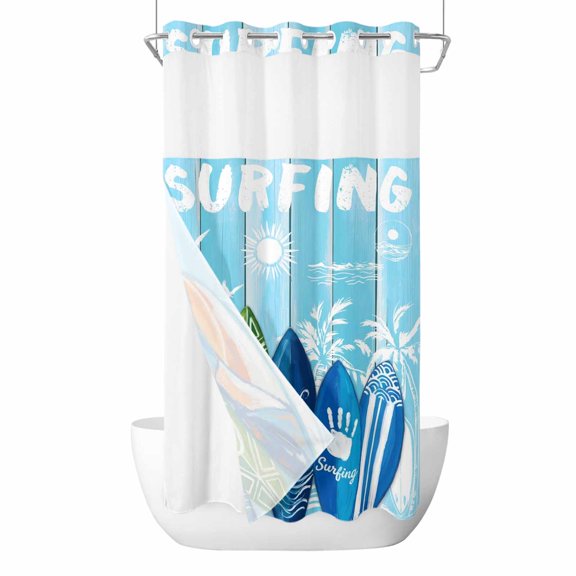Summer Surfing No Hook Shower Curtain with Snap in Liner Surfboard Beach Palm Trees Blue Wood Grain Waterproof Bathroom Shower Curtain with See Through Top Window for Bathtub 36" x 72"
