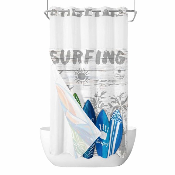 Summer Surfing No Hook Shower Curtain with Snap in Liner Surfboard Beach Palm Trees Wood Grain Waterproof Bathroom Shower Curtain with See Through Top Window for Bathtub 36" x 72"