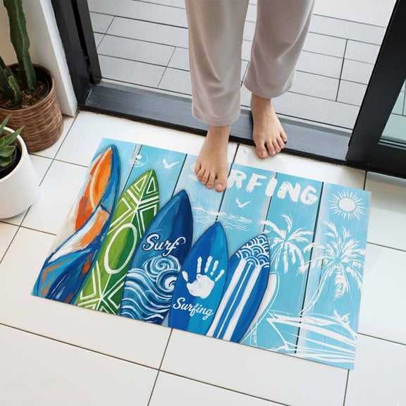 Summer Surfing Indoor Door Mat 16x24 Inch Surfboard Beach Palm Trees Blue Wood Grain Front Door Mat Non Slip Washable Entryway Rug Low Profile Dirt Trapper Doormat for Bathroom Kitchen Bedroom