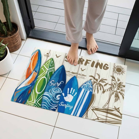Summer Surfing Indoor Door Mat 16x24 Inch Surfboard Beach Palm Trees Wood Grain Retro Front Door Mat Non Slip Washable Entryway Rug Low Profile Dirt Trapper Doormat for Bathroom Kitchen Bedroom