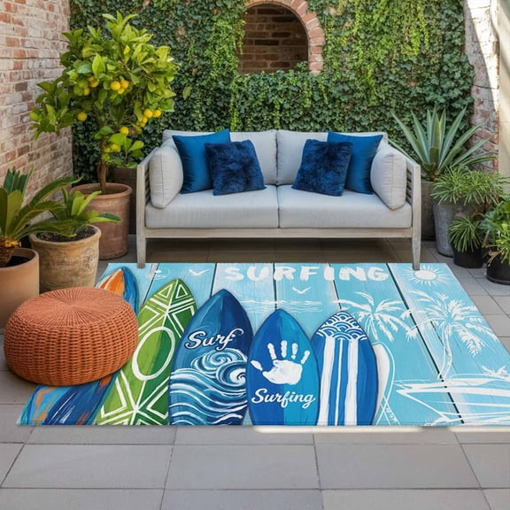 Summer Surfing Indoor Outdoor Rugs 3x5 Ft, Surfboard Beach Palm Trees Blue Wood Grain Outdoor Patio Rugs Mat Washable Outside Area Rugs Carpet for Porch Deck RV Camping Pool Balcony Backyard