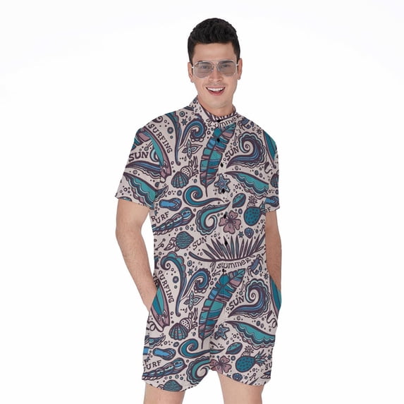 Summer Surfing Pattern Short Sleeve Men'S Rompers Casual Summer Jumpsuits Outfit