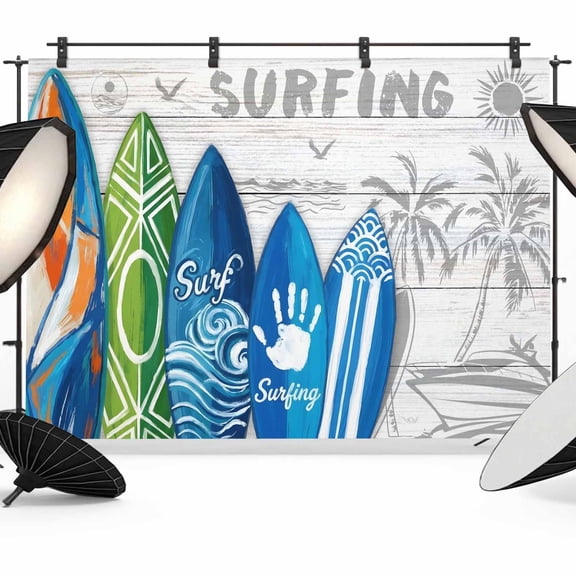 Summer Surfing Photography Backdrop 7x5FT, Surfboard Beach Palm Trees Wood Grain Photo Backdrops, Background for Photography Studio Photo Studio Background, Back Drop for Photoshoot