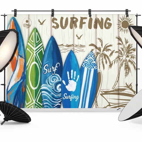 Summer Surfing Photography Backdrop 7x5FT, Surfboard Beach Palm Trees Wood Grain Retro Photo Backdrops, Background for Photography Studio Photo Studio Background, Back Drop for Photoshoot