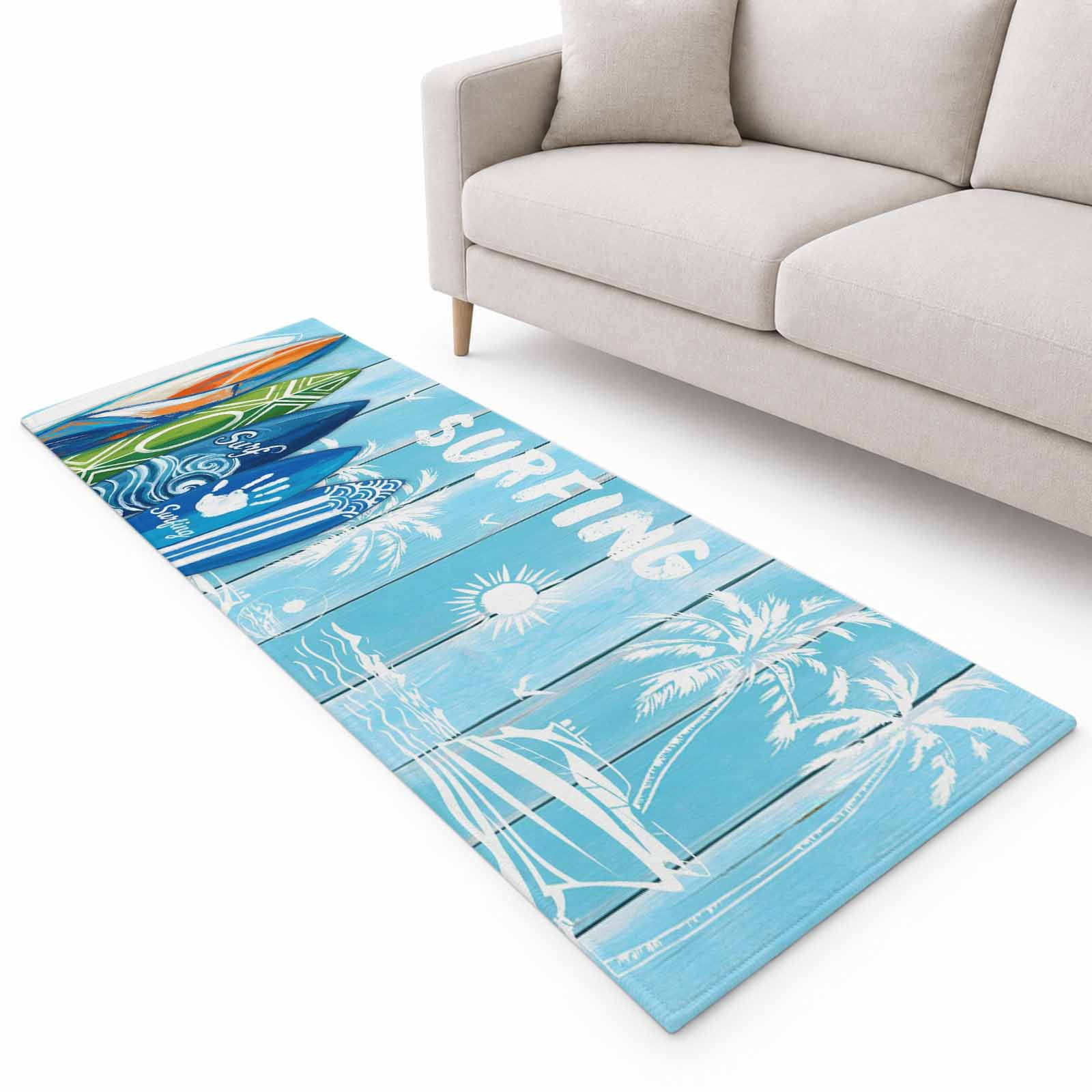 Summer Surfing Runner Rug 2.6'x10', Surfboard Beach Palm Trees Blue ...