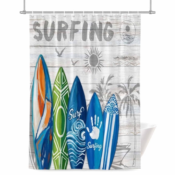 Summer Surfing Shower Curtain, 72" x 72", Surfboard Beach Palm Trees Wood Grain Waterproof Bathroom Curtain Washable Shower Curtain Set with 12 Hooks