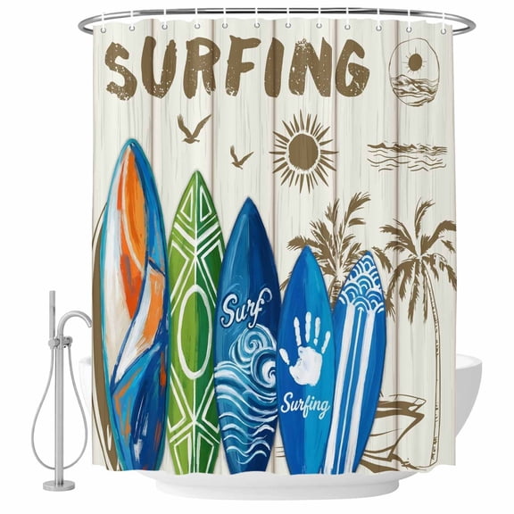 Summer Surfing Shower Curtain for Bathroom, Surfboard Beach Palm Trees Wood Grain Retro Waterproof Cloth Fabric Bathroom Accessories Set with 9 Rust Proof Plastic Hooks, 36"x72"