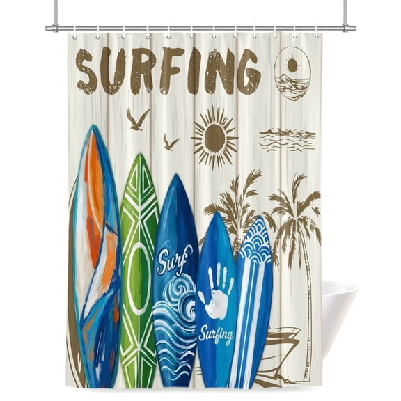 Summer Surfing Shower Curtains for Bathroom, Surfboard Beach Palm Trees Wood Grain Retro Waterproof Fabric Shower Curtain for Bathroom Bathtub Decoration, Machine Washable 36"x72"