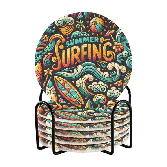 Summer Surfing Surfboard 6 Pcs Drink Coasters with Holder Absorbent Coasters Woven Coasters for Drinks Table Desk Protection Home Decor