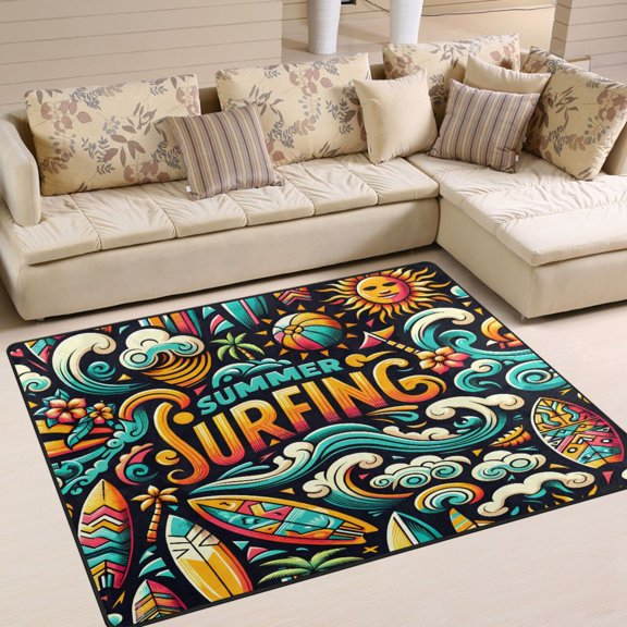 Summer Surfing Surfboard Area Rug Washable 80 x 58 Floor Carpet Mat Non Slip for Bedroom Living Room Home Decor