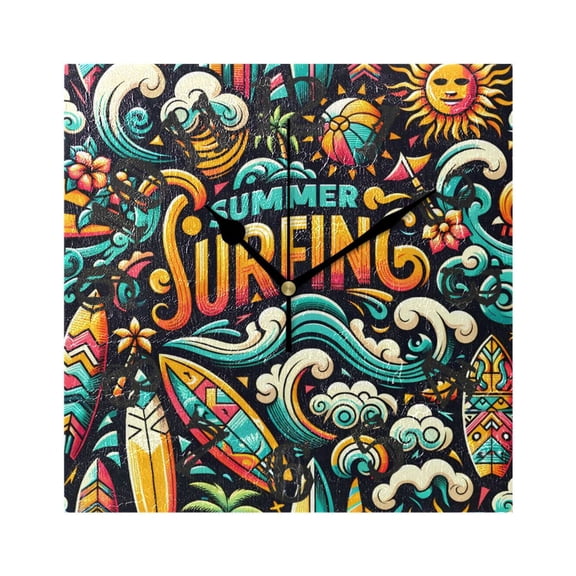 Summer Surfing Surfboard Wall Clock Square Silent Non Ticking Battery Operated Clock for Home Bathroom Kitchen Bedroom Living Room