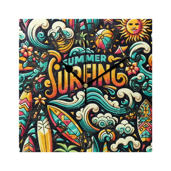 Summer Surfing Surfboard Wall Clock Square Silent Non Ticking Battery Operated Clock for Home Bathroom Kitchen Bedroom Living Room