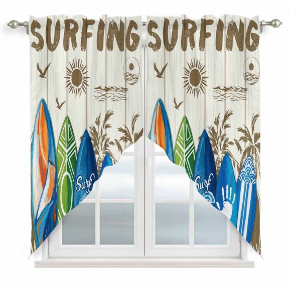 Summer Surfing Swag Curtain Valance for Window 2 Panels Surfboard Beach Palm Trees Wood Grain Retro Rod Pocket Small Window Swag Valances for Kitchen Bedroom Bathroom 28" W x 36" L