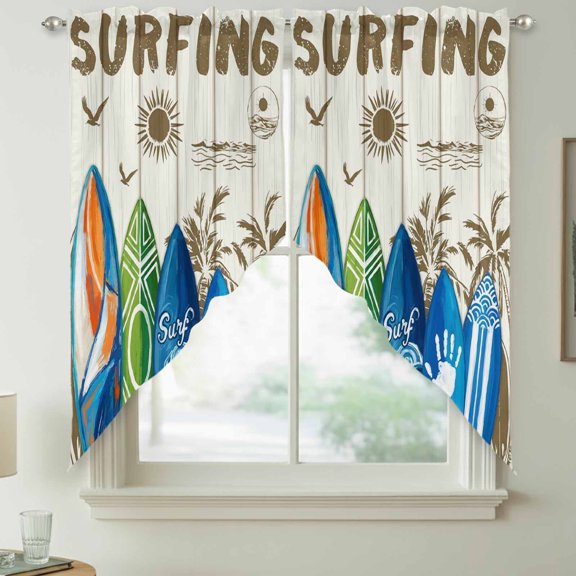 Summer Surfing Swag Kitchen Curtain Valances, Surfboard Beach Palm Trees Wood Grain Retro Rod Pocket Curtains Window Treatment Decor Valances for Bedroom Bathroom, 2 Panels 36 x 63 Inch