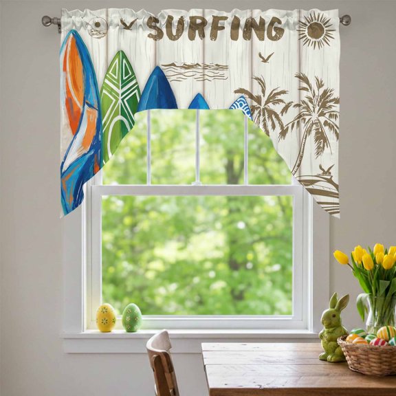 Summer Surfing Swag Valances for Kitchen Window, Surfboard Beach Palm Trees Wood Grain Retro Small Swag Valances Rod Pocket Curtain Drapes Window Treatment for Bedroom Bathroom, 56x36 Inch