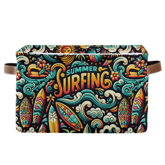 Summer Surfing Wave Ball Sun Storage Bins with Handle Fabric Organizer Basket Foldable Box 1 Pack 14.2x10.2x8.3