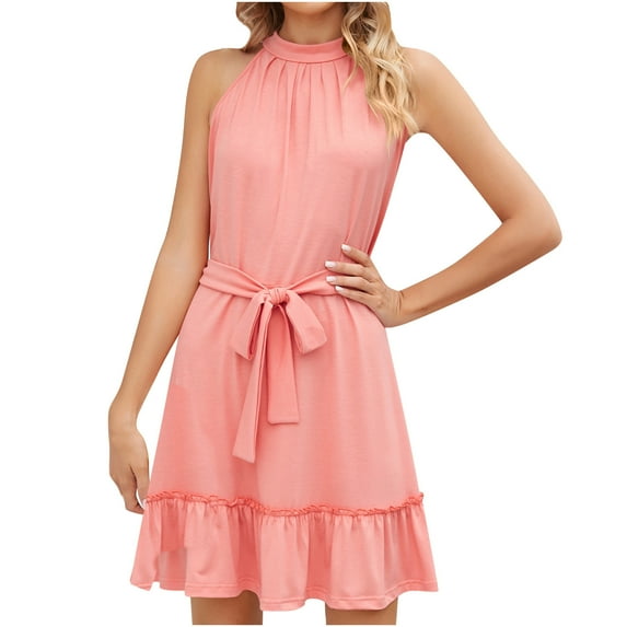 Summer Svings Clearance 2024! TAGOLD Womens Summer Dresses,Fashion Women Solid Colored Belted Comfortable Round Neck Dress
