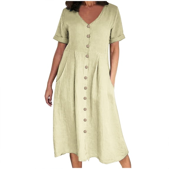 Summer Svings Clearance 2024! TAGOLD Womens Summer Dresses,Fashion Women Summer Casual V-Neck Solid Short Sleeve Button Pocket Cotton Linen Dress