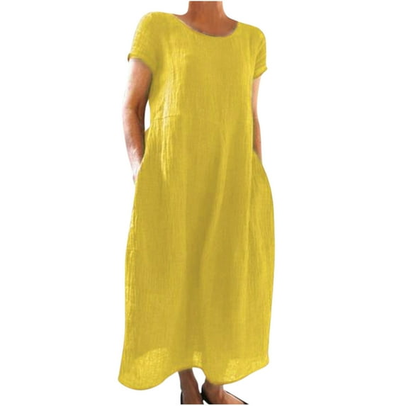 Summer Svings Clearance 2024! TAGOLD Womens Summer Dresses,Fashion Women Summer Solid Causal Rounk Neck Short Sleeve Vacation Pockets Dress