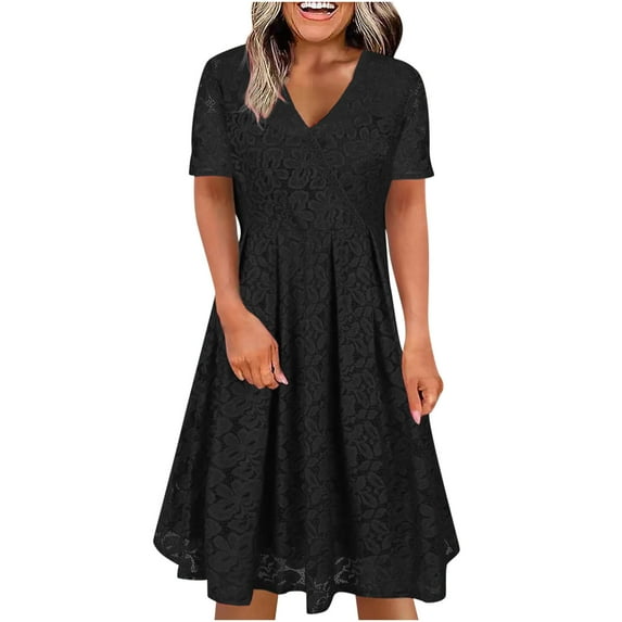 Summer Svings Clearance 2024! TAGOLD Womens Summer Dresses,Women's Spring/Summer V-neck Fashion Casual Solid Lace Short Sleeve Dress