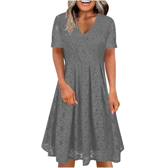 Summer Svings Clearance 2024! TAGOLD Womens Summer Dresses,Women's Spring/Summer V-neck Fashion Casual Solid Lace Short Sleeve Dress