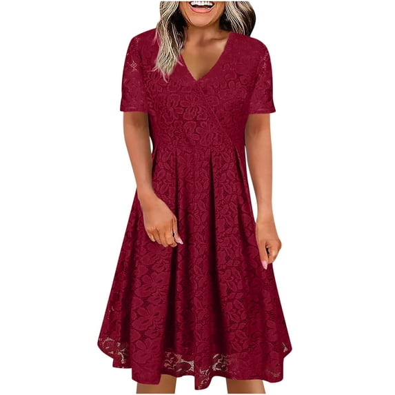 Summer Svings Clearance 2024! TAGOLD Womens Summer Dresses,Women's Spring/Summer V-neck Fashion Casual Solid Lace Short Sleeve Dress