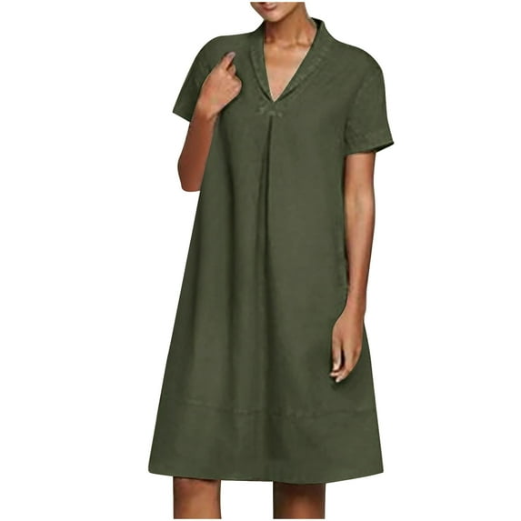 Summer Svings Clearance 2024! TAGOLD Womens Summer Dresses,Women's Summer Casual Turn-down Collar Solid Short Sleeve Dresses