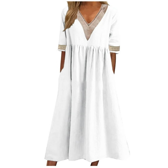Summer Svings Clearance 2024! TAGOLD Womens Summer Dresses,Women's Summer New Solid Color Short-sleeved Lace V-neck Waistline Hem Dress