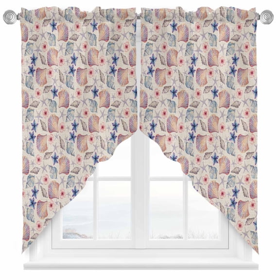 Summer Swag Kitchen Curtain Valances, Flowers Starfish Shell Linen Texture Rod Pocket Curtains Window Treatment Decor Valances for Bedroom Bathroom, 2 Panels 36 x 36 Inch