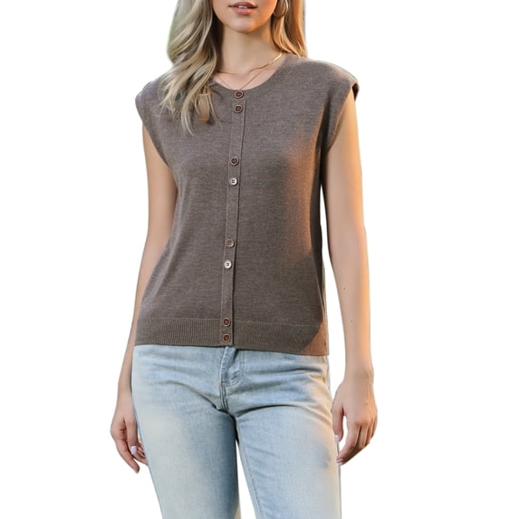 INSPIRE CHIC Summer Sweater Vest for Women Crew Neck Sleeveless Sweater Lightweight Casual Knit Pullover Tank Tops XS Coffee