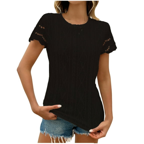 Summer Sweaters Shirts for Women Lace Trim Eyelet Tunic Tops Hollow-Out TShirts Scooped Neck Short Sleeve T Shirts Seashell Edge Sleeve Shirts Slim Fitted Outfits Lounge Dressy Bussiness Tee