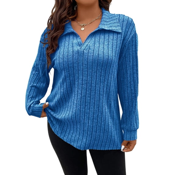 Summer Sweaters for Women V Neck Collared Long Sleeve Knit Tops Plus Size Curved Hem Pullover Sweater Trendy Lightweight Casual Loose Fit Top Blue 4XL