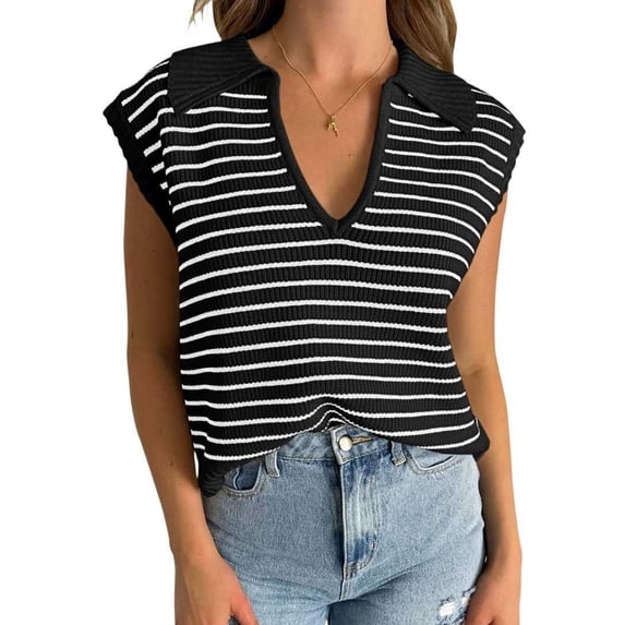 Summer Sweaters for Women 2025 V Neck Cap Sleeve Tops Sleeveless Clothes Sweater Vest Black XL