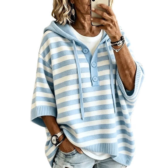Summer Sweaters for Women Lightweight Striped Hooded Knit Sweater Button Henley Oversized 3/4 Batwing Sleeve Casual Pullover