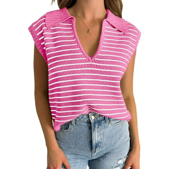 Summer Sweaters for Women V Neck Cap Sleeve Tops Sleeveless Clothes Sweater Vest Rose Red M