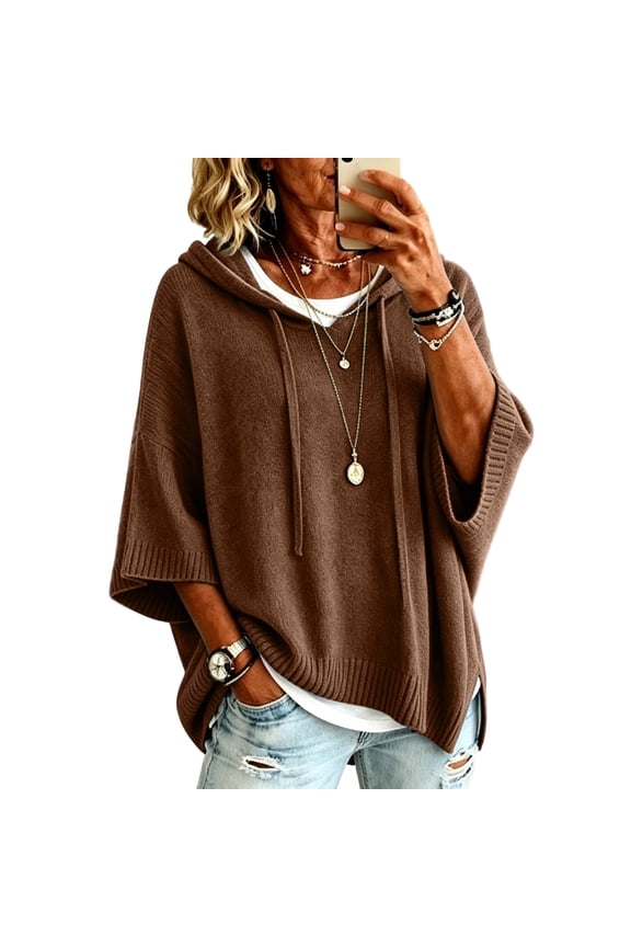 Summer Sweaters for Women lightweight Soft Knit Hooded Sweater Oversized Batwing 3/4 Sleeve Drawstring Loose Casual Womens Pullover Tops