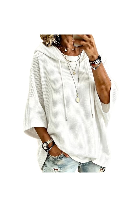 Summer Sweaters for Women lightweight Waffle Knit Hooded Sweater Oversized Batwing 3/4 Sleeve Drawstring Loose Casual Pullover Tops