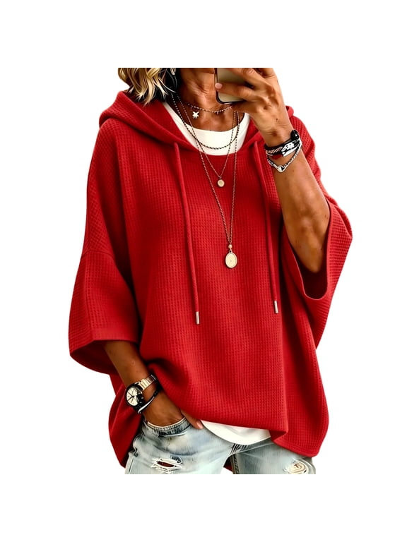 Summer Sweaters for Women lightweight Waffle Knit Hooded Sweater Oversized Batwing 3/4 Sleeve Drawstring Loose Casual Pullover Tops