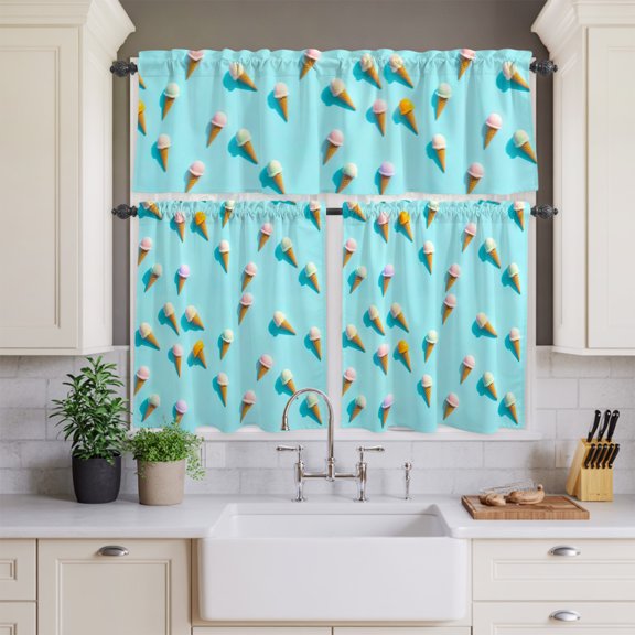 Summer Sweet Dessert on Mint Green Curtain Tier and Valance Set 3 Piece,Seamless Icy Cream 3-inch Rod Pocket Window Tier Curtains Valance for Kitchen Living Room