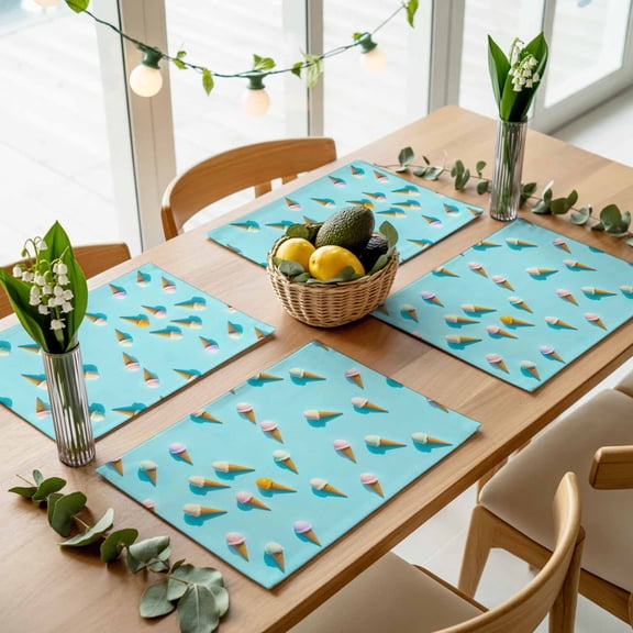 Summer Sweet Dessert on Mint Green Placemats Set of 4,Wipeable Washable Table Mats for Dining Tables, Seamless Icy Cream Place Mats for Kitchen Event Party Tabletop Decor