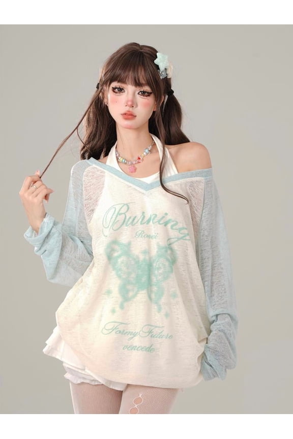 Summer Sweet Kawaii See Through T-shirts Women 2000s American Vintage Tees  Korean Printed Y2k Tops Subculture Oversize T Shirt