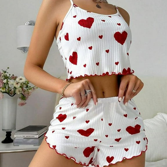 Summer Sweet Suspender Shorts with Heart Print Design Loungewear Set New E4