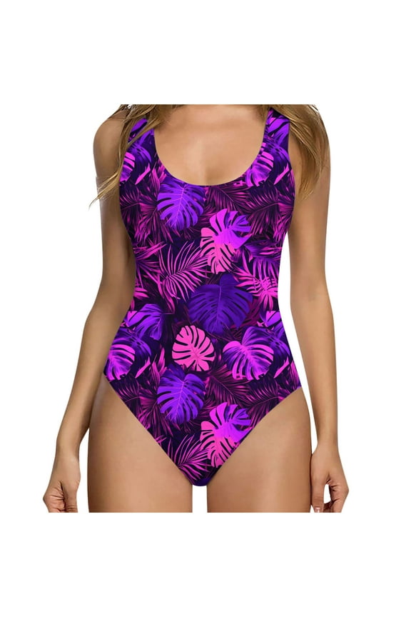Summer Swim Suits One Piece,Women's Backless One Piece Bathing Suit Floral Print Tummy Control Swimsuit