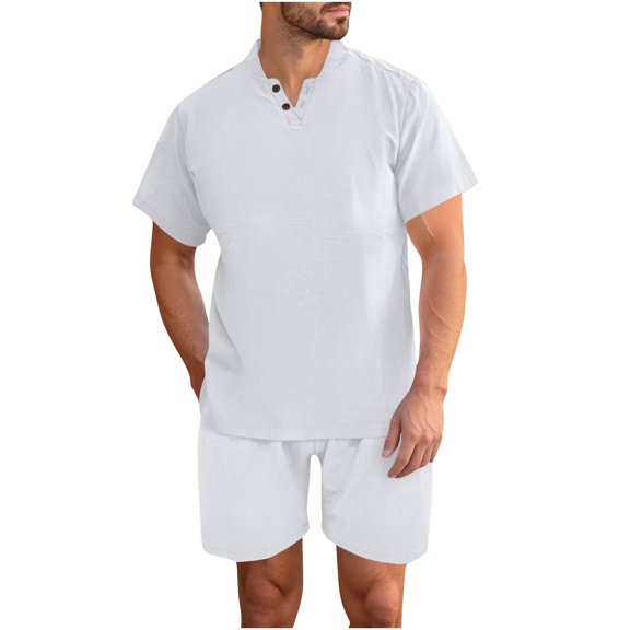 Clean 2 Pcs Summer Outfits for Mens Light Breathable T-Shirts Henley Neck Tee Short Sleeve Tops Plain Basic Tee Shirts High Waisted Shorts 7" Lightweight Quick Dry Shorts 2 Packs Outfits