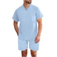 thumbnail image 1 of Clean 2 Pcs Summer Outfits for Mens Light Breathable T-Shirts Henley Neck Tee Short Sleeve Tops Plain Basic Tee Shirts High Waisted Shorts 7" Lightweight Quick Dry Shorts 2 Packs Outfits, 1 of 7
